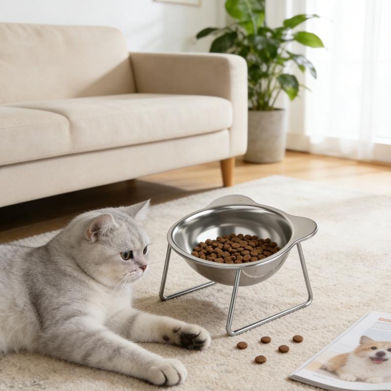 Raised Cat Bowls Tilted Neck Guard Cat Food Bowl 304 Stainless Steel Shatter-resistant Elevated 15° Pet Supplies for Puppy Cat