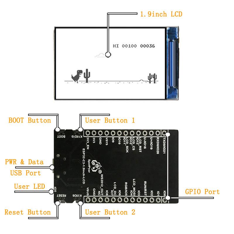 ESP32 C3 LVGL Dev Board with 1.9-Inch LCD - Small TV and Google Dinosaur Game, Arduino Compatible