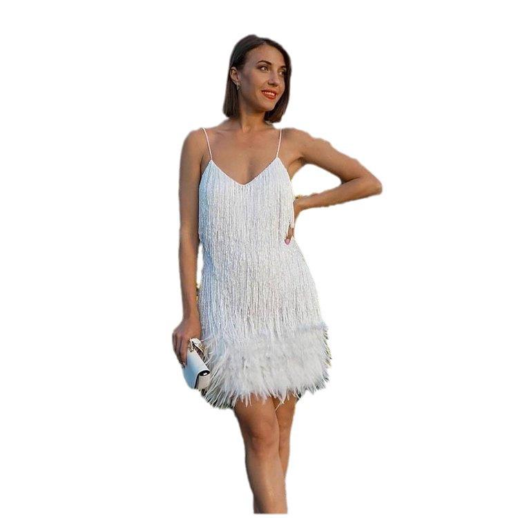2026 Multicolor Sequin Tassel V-Neck Spaghetti Strap Feather Party Dress