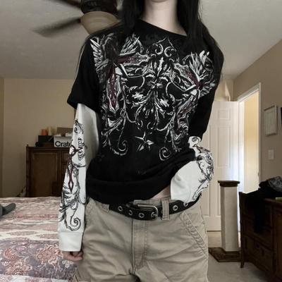 BeatStreet Mall Goth Y2K Aesthetics Grunge Tees Retro Heart Sword Print T Shirt Women Long Sleeve Slim Fit Sweats Tops 90s Vintage Clothes