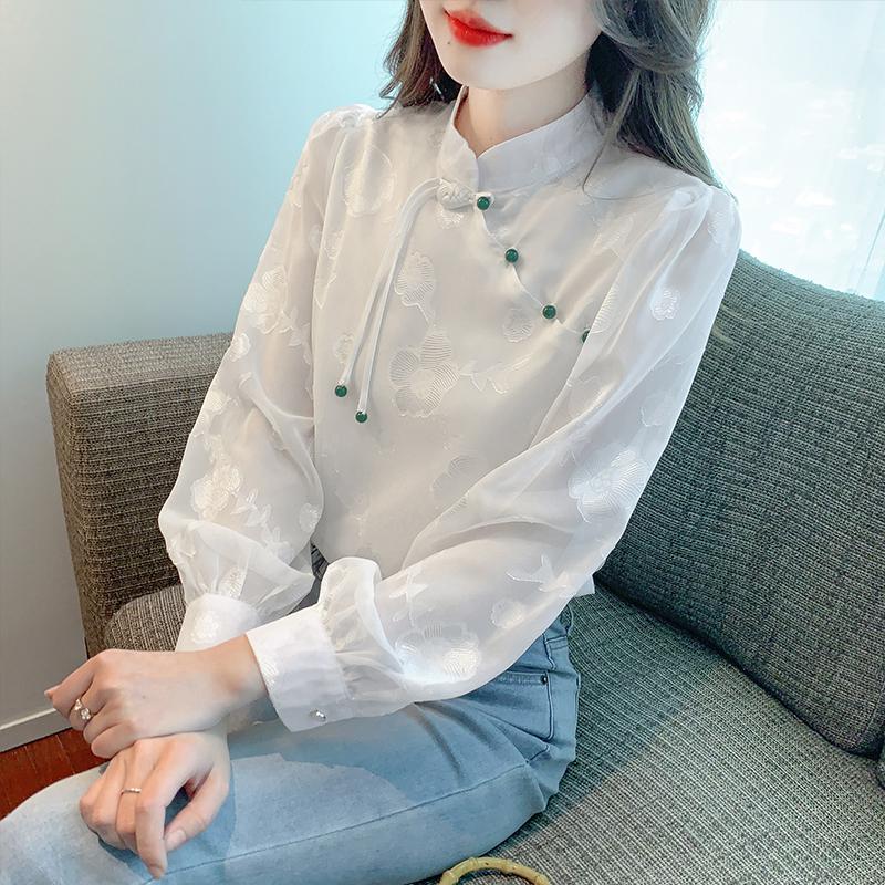 2025 Spring New Chinese Style Women Blouses Shirts Long Sleeve Stand Collar Black White Chiffon Blouse Shirt Women Tops J771