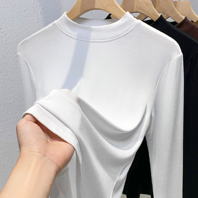 Women‘s Stand Collar Long Sleeve Slim Fit T-Shirt Solid Ribbed Casual Top Tee