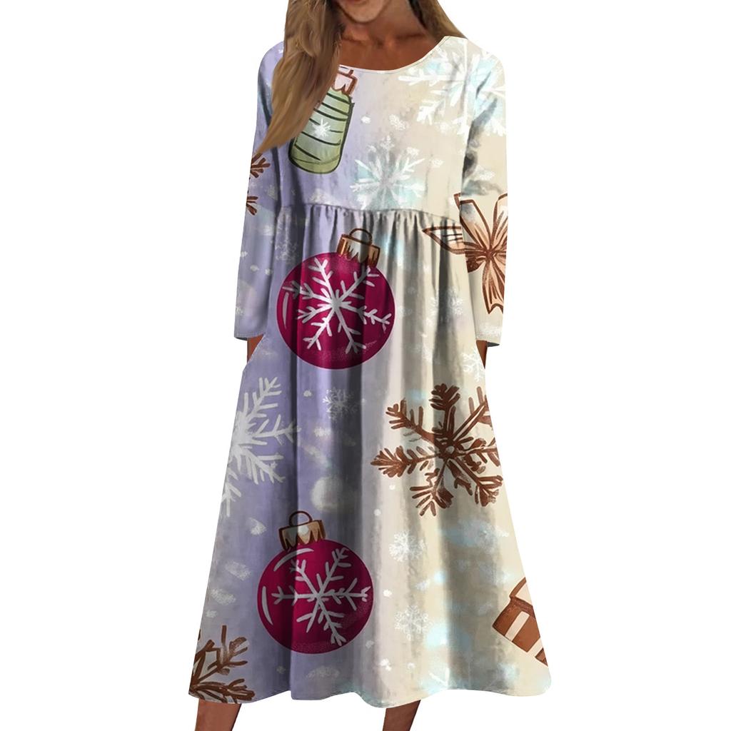 Women's Casual Crew-neck Christmas Print Mid-length Dress Long-sleeved Dress With Pocket