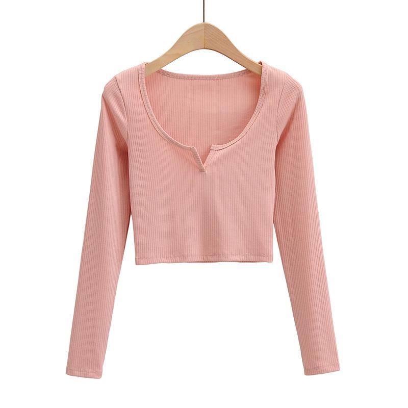 

Autumn Slim Fit V-Neck Long Sleeve Crop Top Small розовый