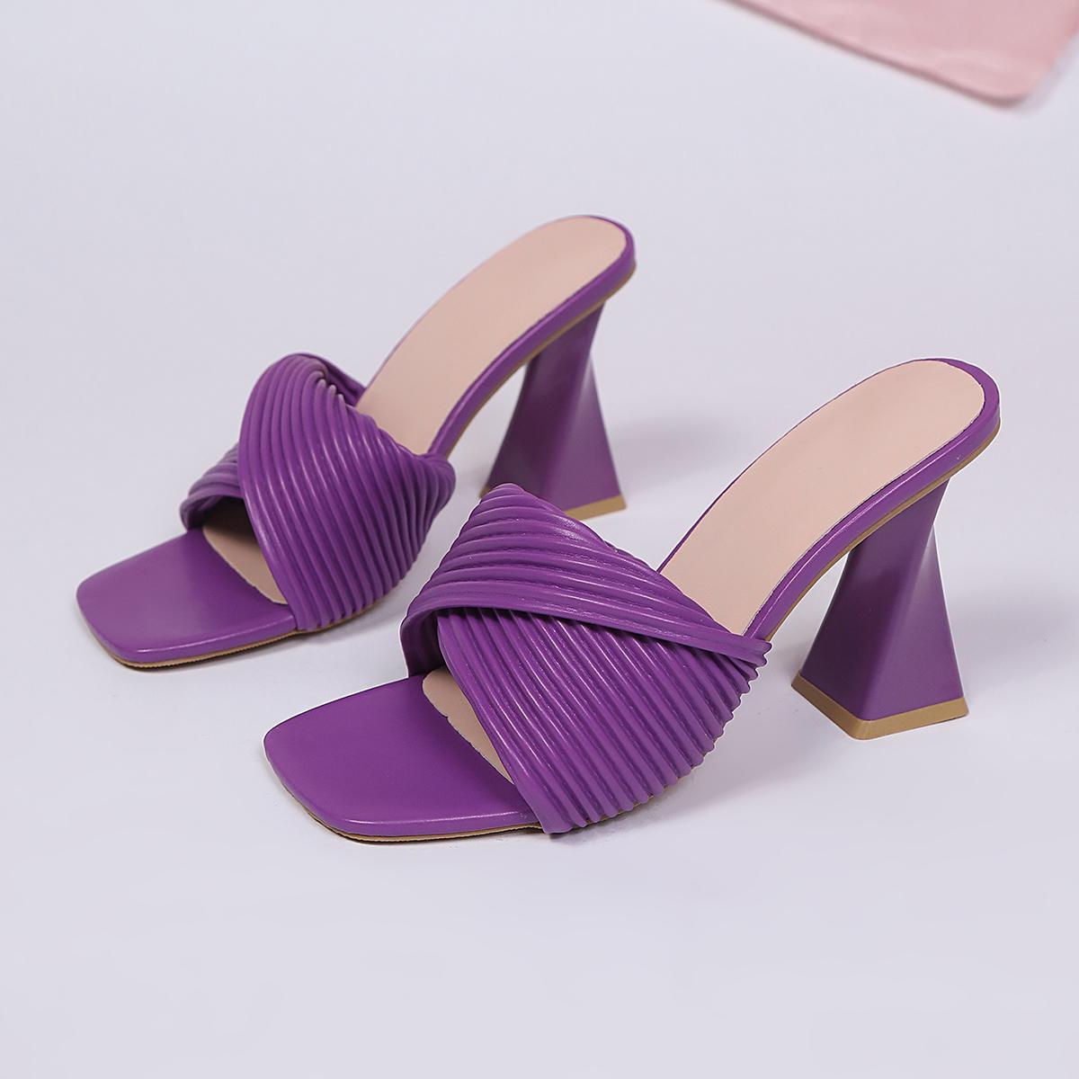Dames Plissé Vierkante Neus Blokhak Mules – Elegante Open Neus Hoge Hak Slide Sandalen voor Feest & Dagelijks Gebruik 36 blue
