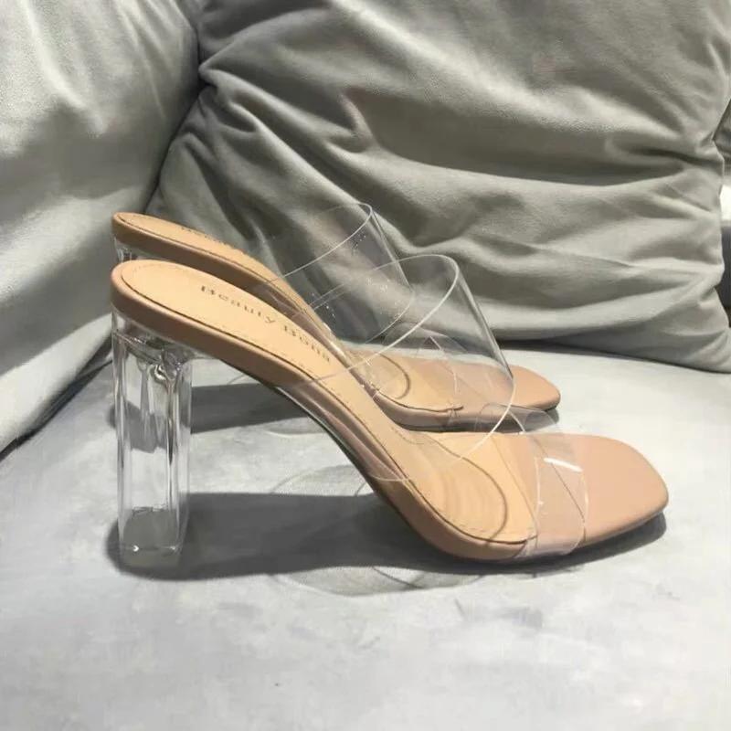Summer Women Pumps Sandals 9cm Jelly Slippers Sexy Open Square Toe High Heels Women Transparent Slippers Shoe Heel Clear Sandals