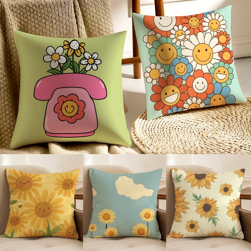 Cute Cartoon Sunfloweres Childlike Art Cushion Cover Pillowcase Antidustmite Living Room Sofa Decor Cushion Room