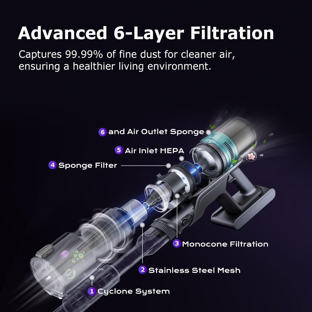 Proscenic P16 Cordless Stick Vacuum Cleaner, 50kPa Suction, 55mins Runtime, 180° Bendable Wand