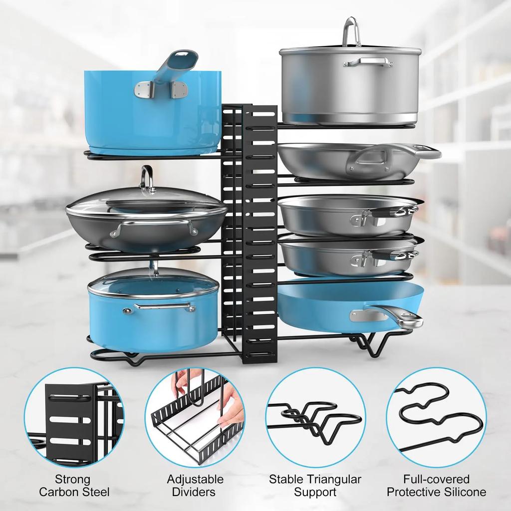 Adjustable Pot Rack Organizer Under Cabinet,Pan Storage Organizer Rack for Storing Pots Pan, 8 Tier
