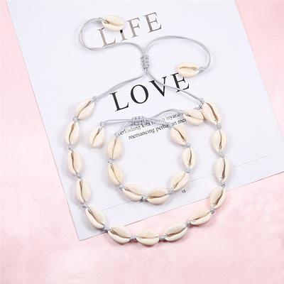 Conjunto de Pulsera y Collar de Conchas de Cauri Naturales Para Mujeres Tejido a Mano Boho Playa de Hawái Concha Gargantilla Ajustable Regalo de Festival para Niña