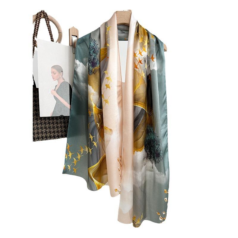 Plain Crepe Satin Silk Long Scarf Women's Autumn and Winter New Fashion Temperament Silk Scarf Gift High-end 111% Mulberry Silk Scarf