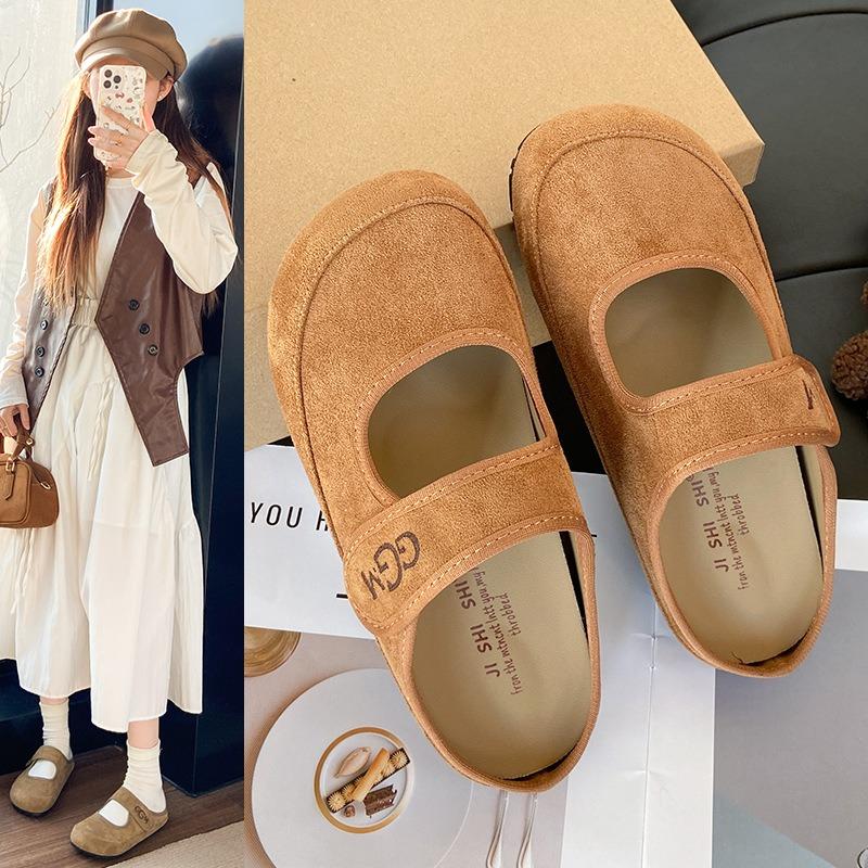 Retro Literary Style Velcro Mary Jane Shoes Bag Head Half Slippers Women Wear a Pedal After Empty