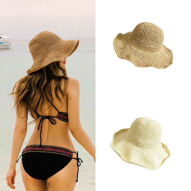 Natural Style Straw Hat For Women, Foldable And Easy To Carry, Ideal For Summer Outdoor Activities In Khaki And Beige