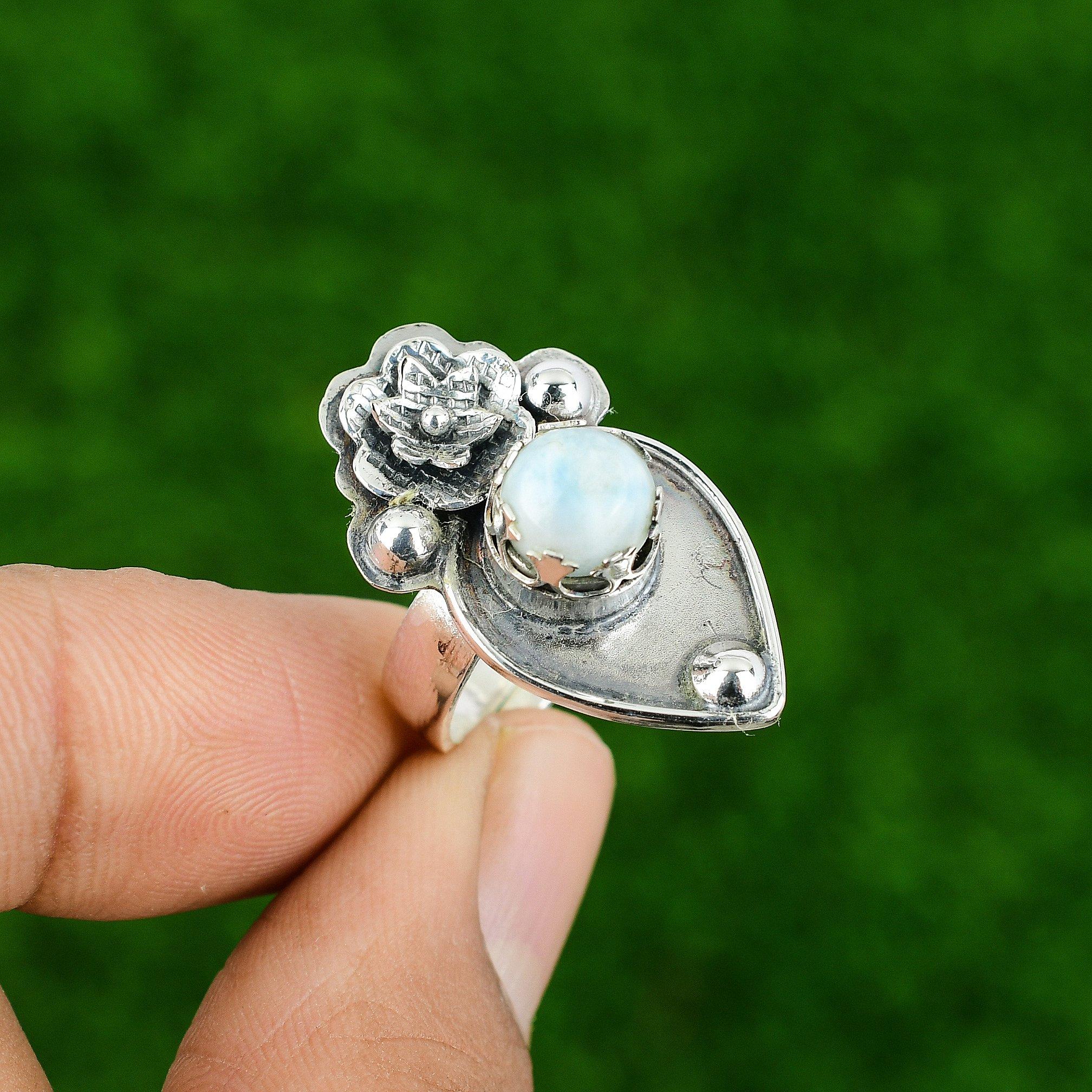 

Натуральный Ларимар Драгоценный камень Заявление Цветок Регулируемое кольцо 925 Серебро Для женщин Adjustable