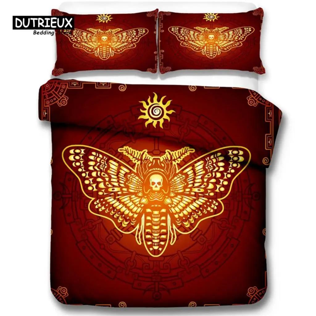 Gothic Skull Bedding Set Decorative Death Moth And Flowers Print Duvet Cover Personalized Skeleton Bones Butterfly Pillowcases