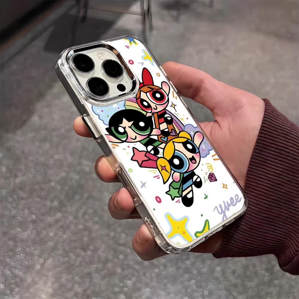 The P-Powerpuff Girls Cute Phone Case For IPhone 17 Air 16 E 15 14 13 12 11 Plus Pro Max Electroplated Transparent Soft Shell