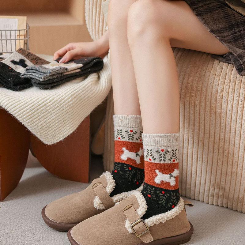 Retro Fair Isle Women's Mid-Calf Puppy Socks - Warm, Thickened, Cute for Autumn/Winter