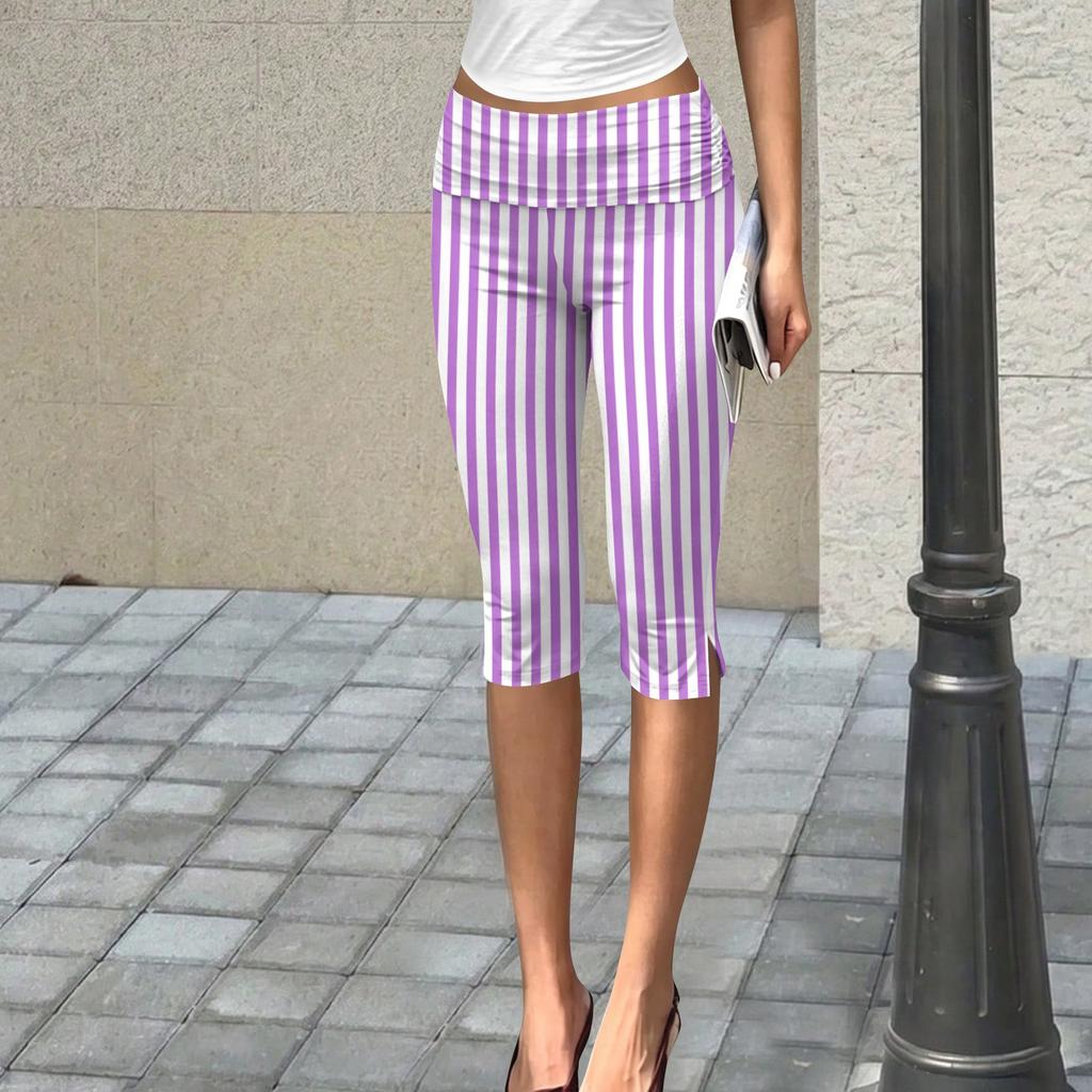 Women Striped Capri Leggings Soft Stretch Cropped Pants Elastic Waist Pull On Athletic Yoga Bottoms Summer 2024
