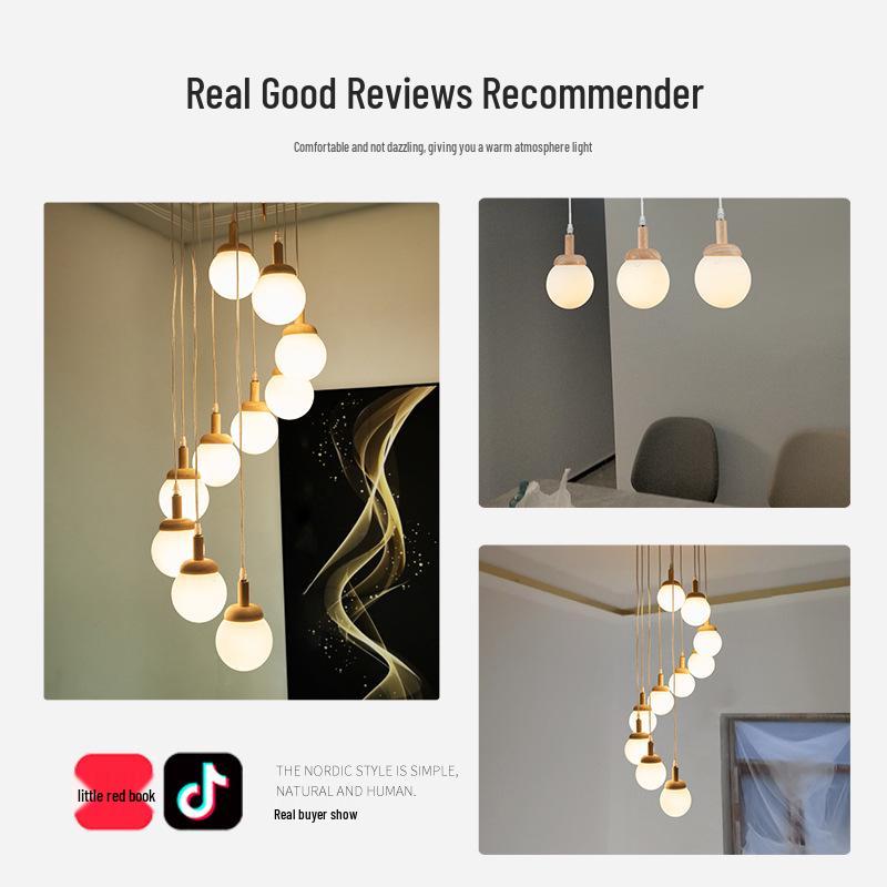 Nordic Solid Wood Spiral Staircase Chandelier for Dining Room and Mezzanine