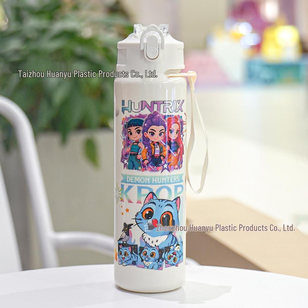 K-POP Demon Hunter Girl Cute Straw Water Bottle, Medium Size, Pop-up Sports Cup with Handle for Students.