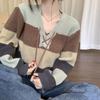 WTEMPO Women's V-neck Lacing-up Long Sleeve Striped Knitted Pullovers Spring Autumn Casual Loose Short Warm Sweaters