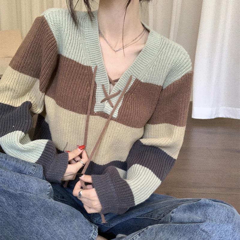WTEMPO Women's V-neck Lacing-up Long Sleeve Striped Knitted Pullovers Spring Autumn Casual Loose Short Warm Sweaters