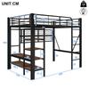 Loft Bed, 140 X 200 Cm, Iron Frame, Storage Compartment, Net for Hanging, Clothes Rail, Open Space Under Bed, LED Light Strip, Without Mattress, Black