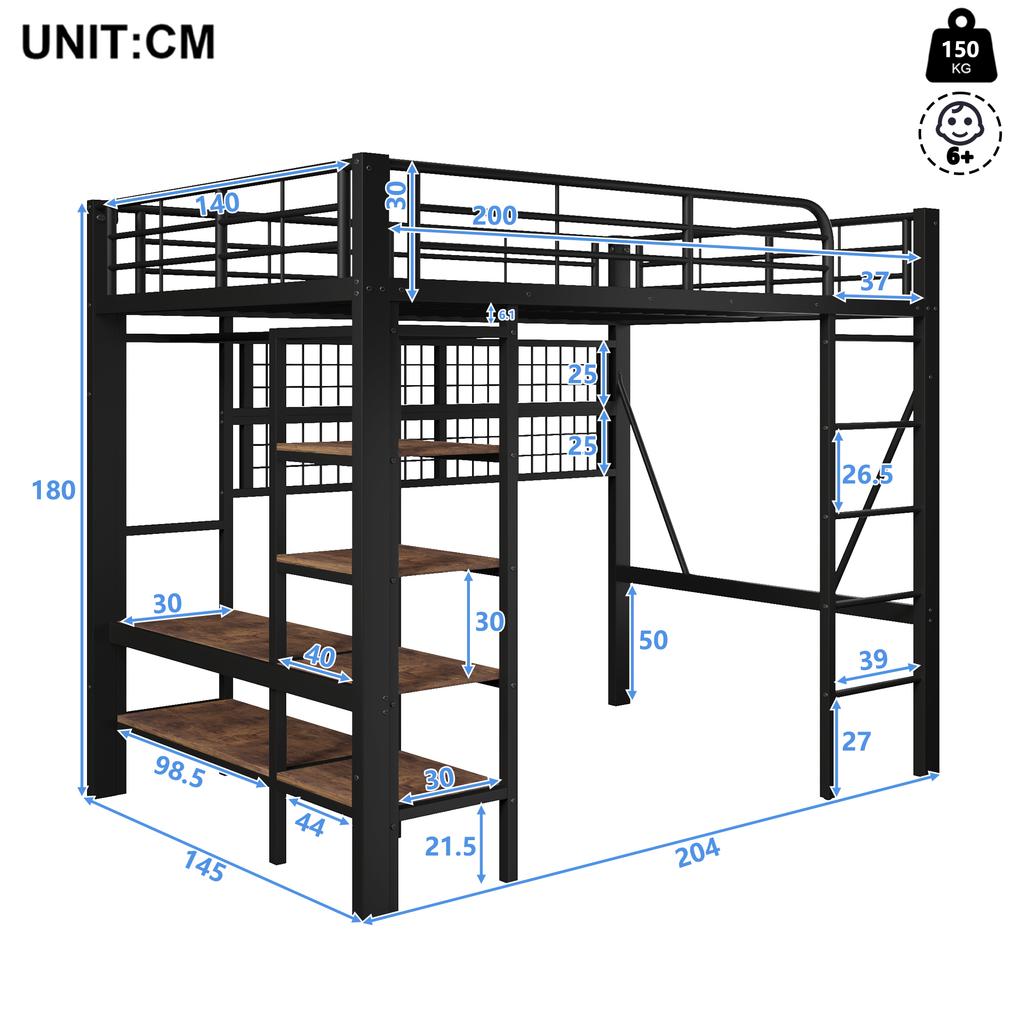 Loft Bed, 140 X 200 Cm, Iron Frame, Storage Compartment, Net for Hanging, Clothes Rail, Open Space Under Bed, LED Light Strip, Without Mattress, Black