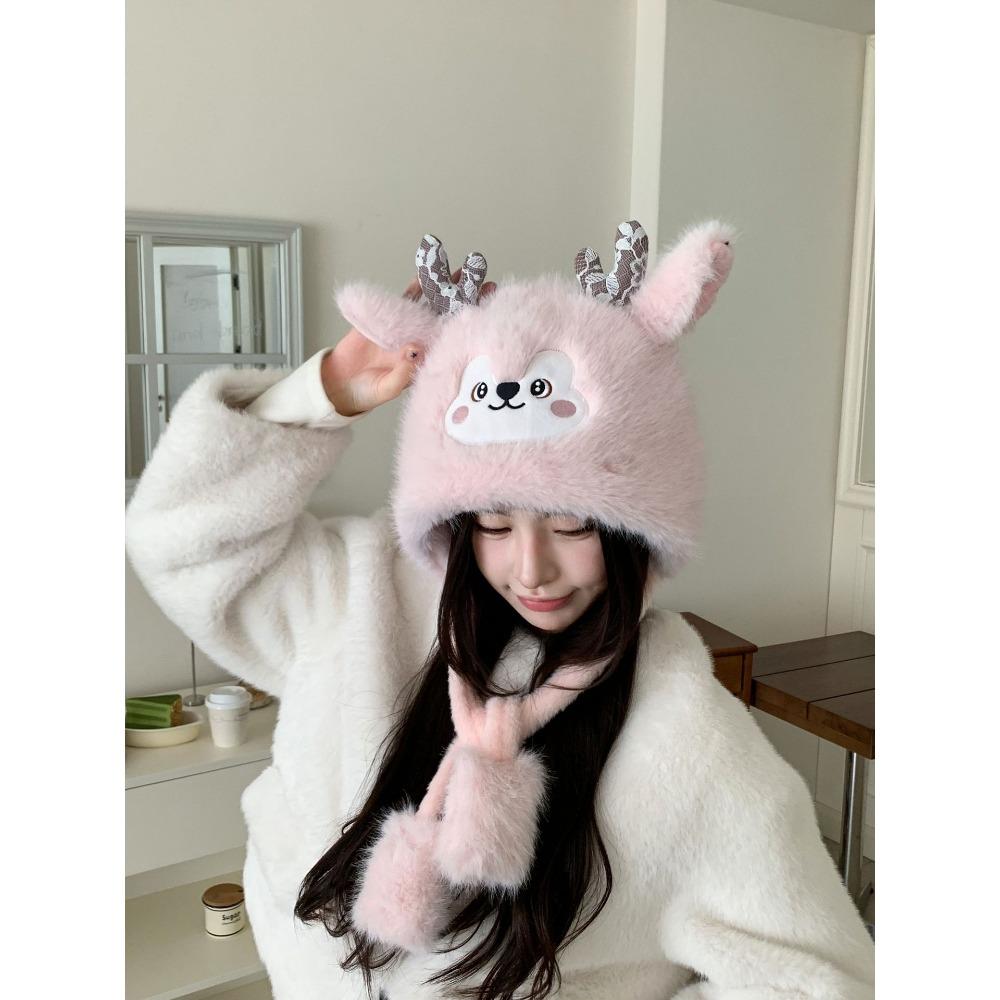 Antlers plush hat women's autumn and winter warm Lei Feng hat Christmas hat cute elk ear protection pullover hat