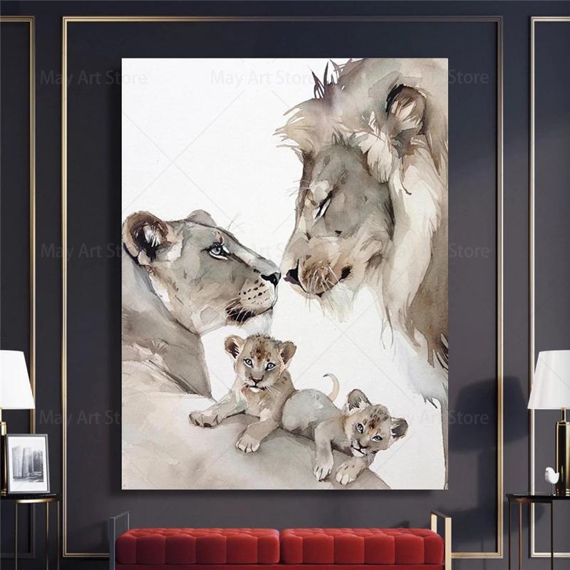 Modern Animal Loving Lion Family Canvas Painting Posters  Prints Wall Art Pictures for Living Room Home Wall Decoration Cuadros