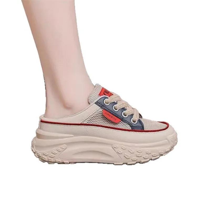 Fashion Thick Soles Increase Mesh Womens Sport Slippers Trend Lace Up Half Slipper Fashion Casual Shoes Ladies Slides Sneakers
