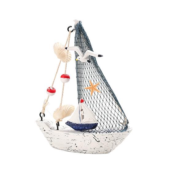 Mini Sailboat Model Nautical Resin Sailing Boat Decoration with Shell Starfish Rustic Vintage Beach Ocean Theme Ship Ornament for Home Office Bedroom