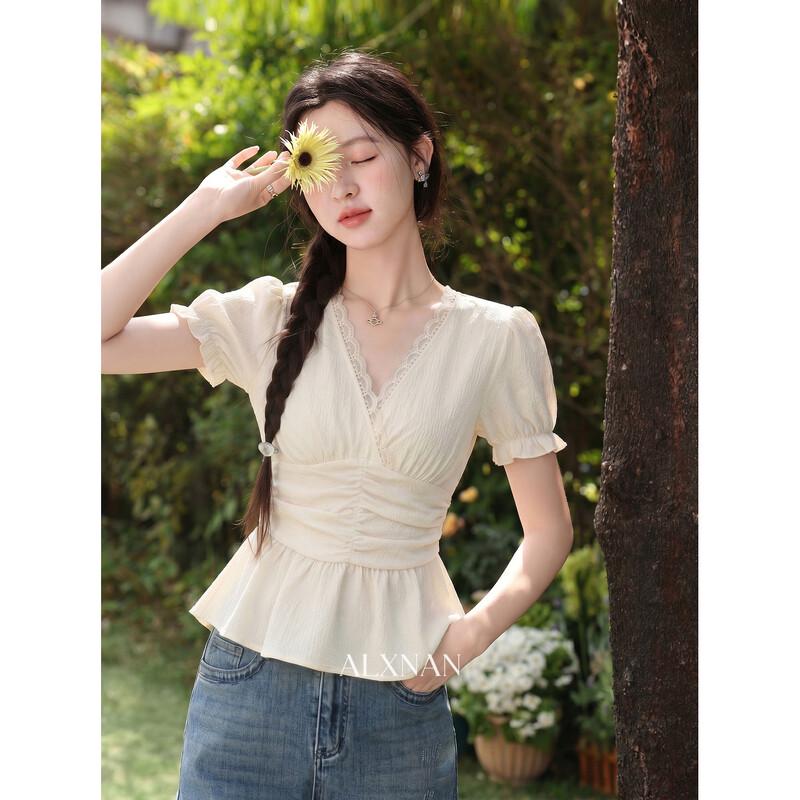 Women s French Style V-Neck Cinched Waist Blouse L