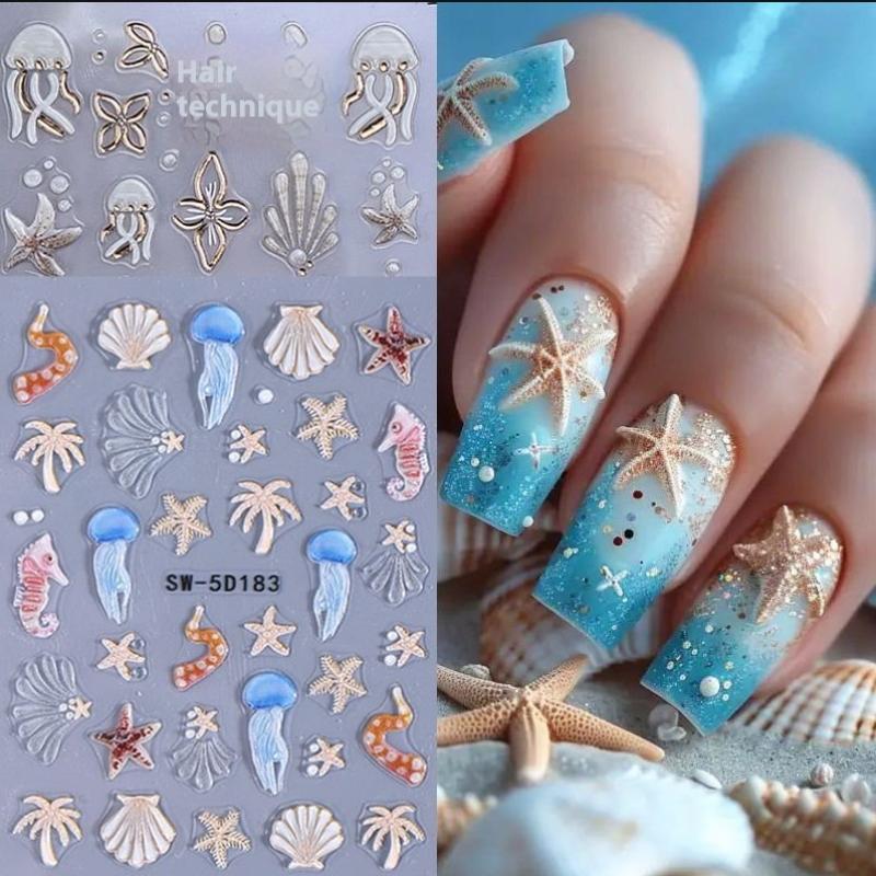 Jellyfish Summer Beach Nail Stickers Colorful Shell Starfish Conch Fish Adhesive Sliders Embossed Decals Manicure Foils Decor