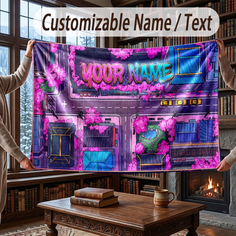 City Cyberpunk Theme Throw Blanket Custom Name Text Personalized Blanket Soft Cozy Blanket for Home Sofa Bed