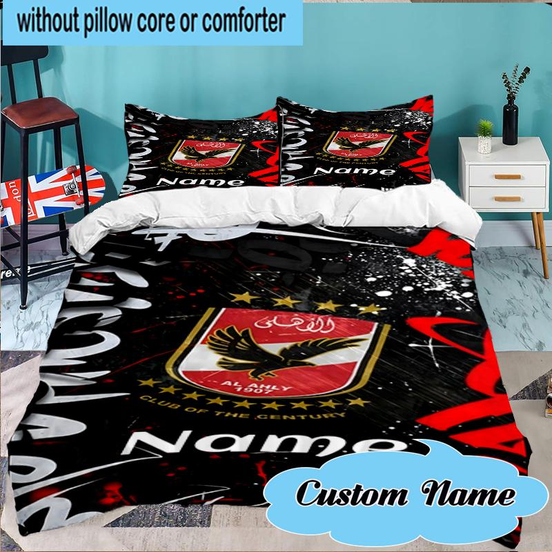 Custom Name Al-Ahly FC Crest Bedding Set 3pcs, Bedding Set Including 1pc Duvet Cover And 2pcs Pillowcases for Bedroom, Dormitory Gift