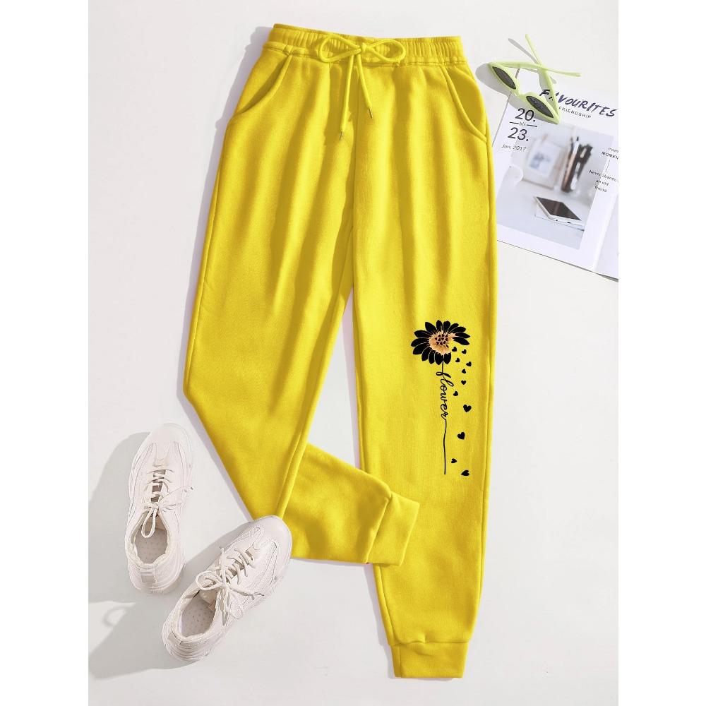 Creative Love Flower Print Women Elastic Waist Pants Jogger Fleece Drawstring Long Pant Fashion Sports Sweatpants