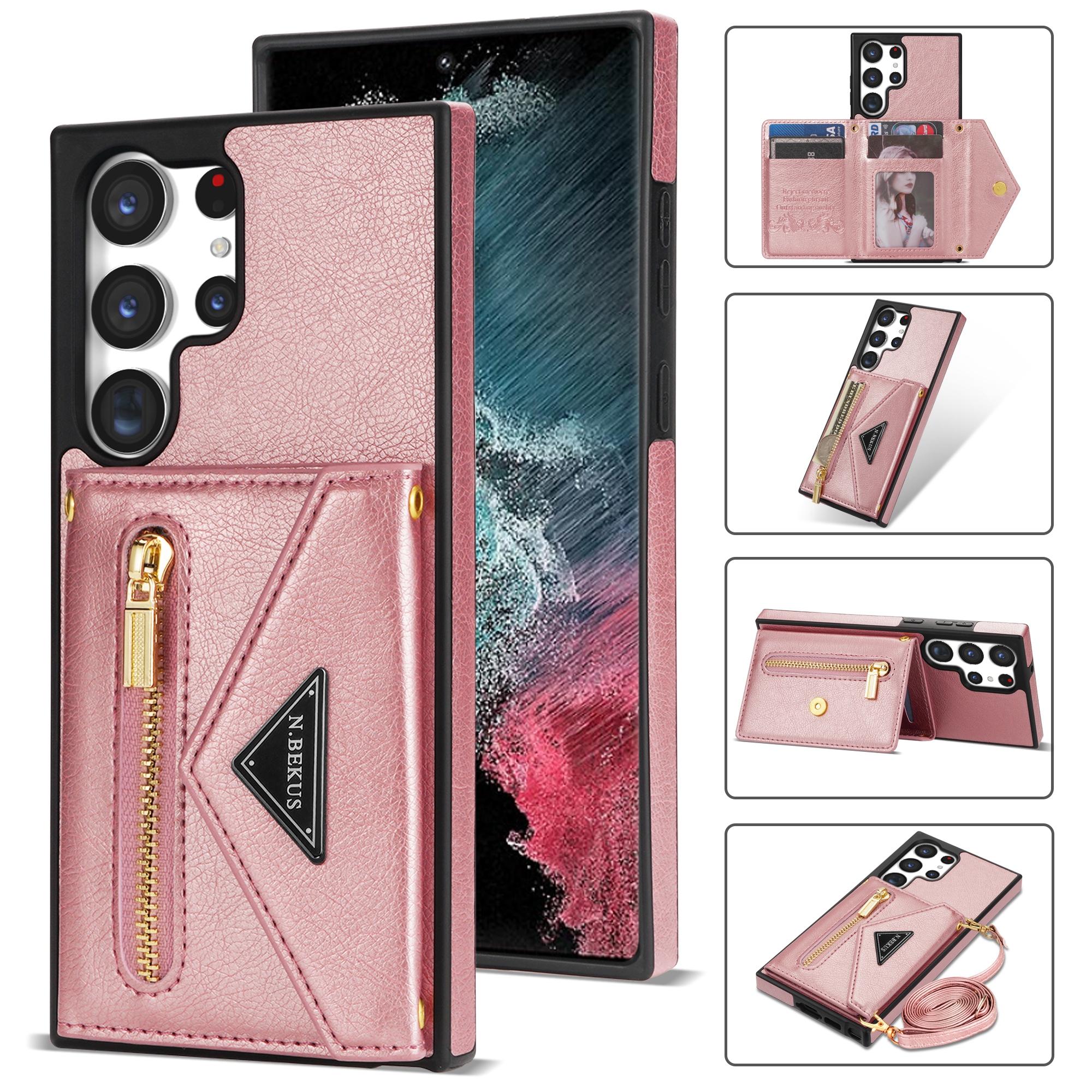 

N.BEKUS For Samsung Galaxy S25 Ultra Leather Zipper Case Card Holder Phone Cover with Shoulder Strap Pink