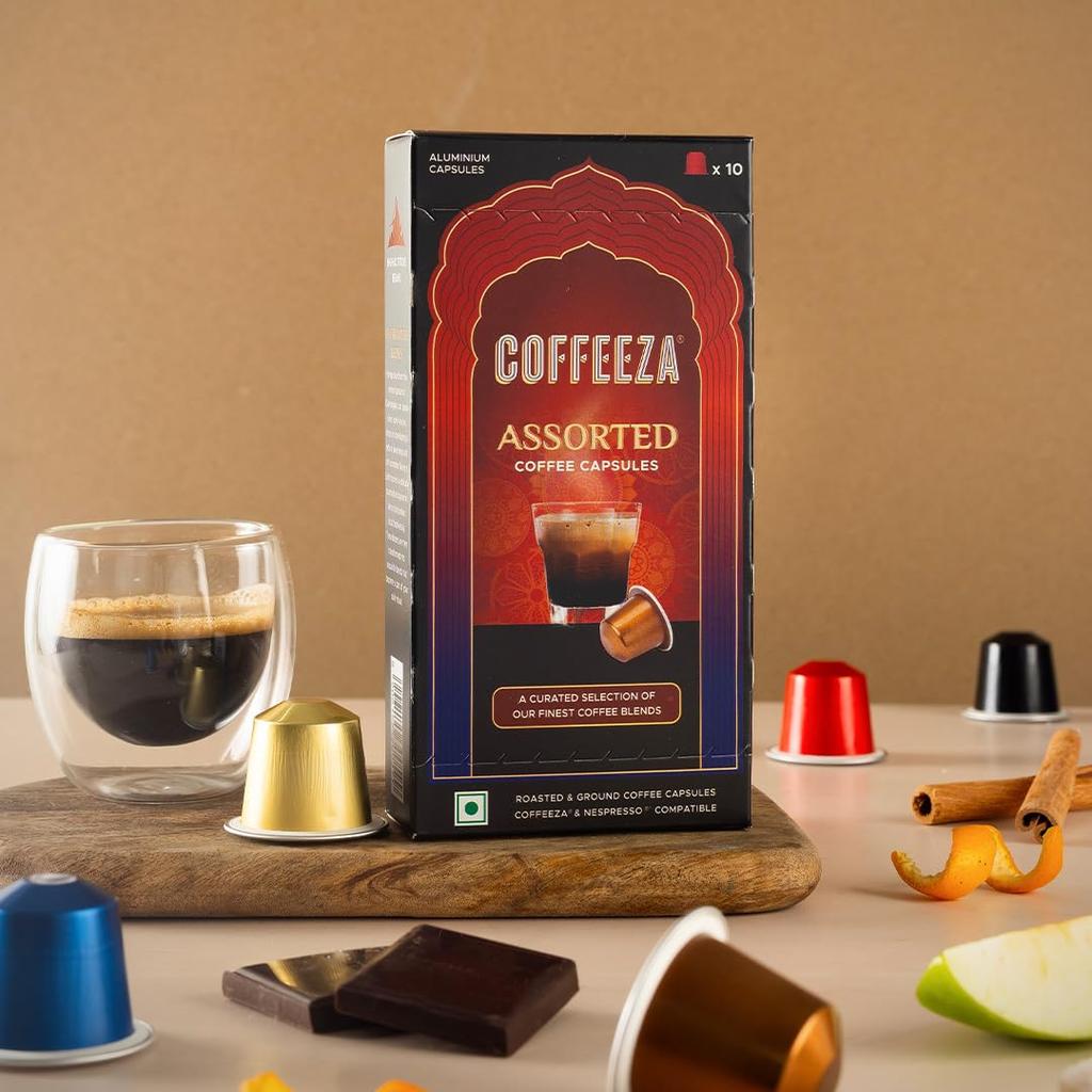 COFFEEZA Assorted Box Of 10 Coffee Capsules Classico, Intenso, Cremoso, Forte, And Mysore Nuggets, 70 Gram