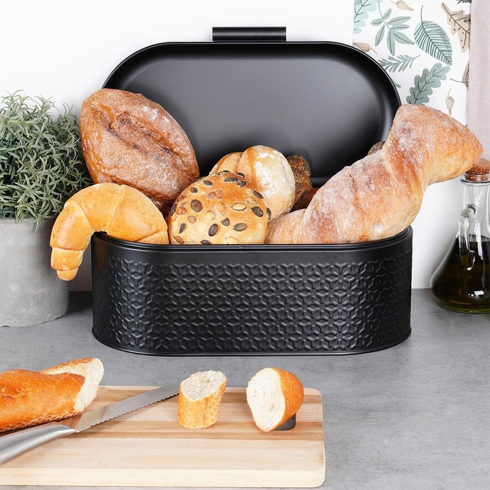 Bread Bin for Bread Rolls Metal Black Kitchen