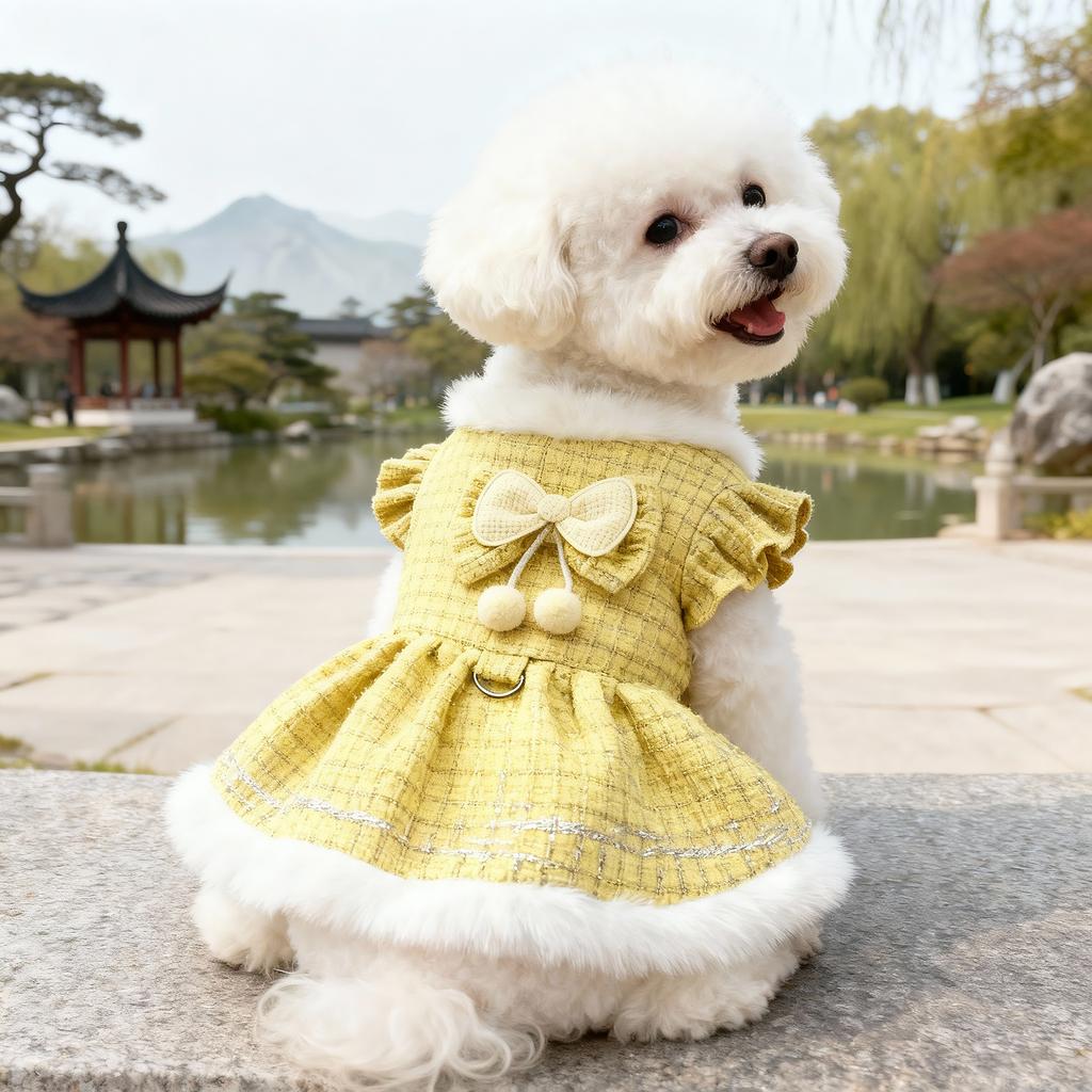 2026 New Outfit for Small Dogs Tweed Dog Dress with Bow & Pom-pom Decor, Ruffled Sleeves & Leash Ring, Elegant Daily