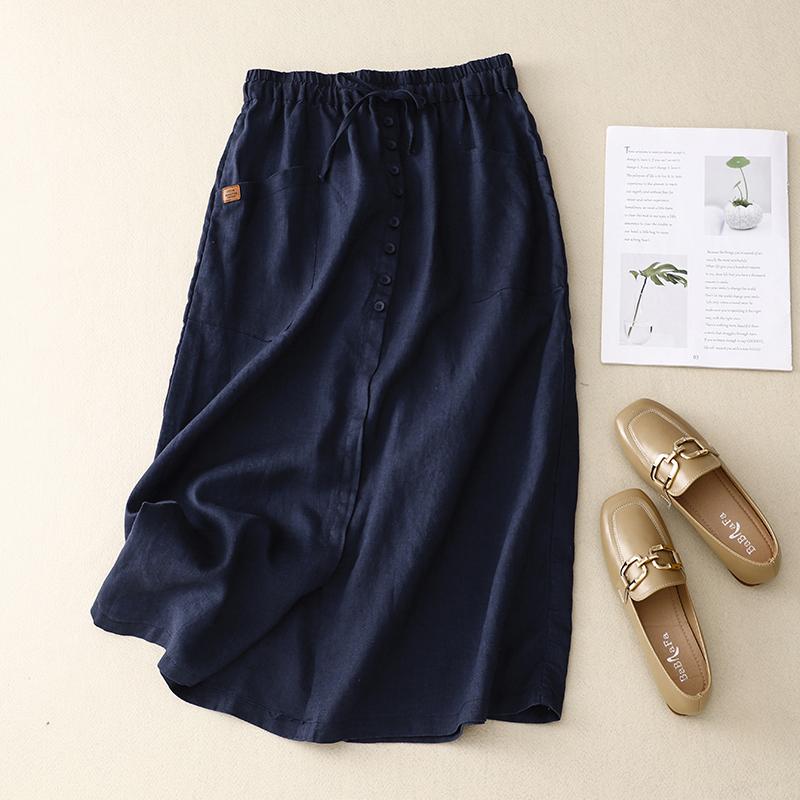 Spódnica Bawełniano-Lniana A-Line z Wysokim Stanem Damska Design Sensation Skirt Retro Jednolity Kolor Wzór do Pracy Lato