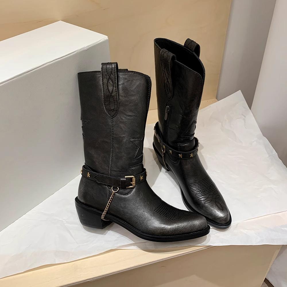 

2025 new retro belt buckle European and American side zipper thick heel western boots medium tube knight boots women s tall boots 40
