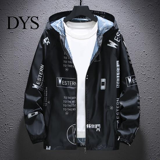 Men Outerwear Jacket Hooded Zipper Closure Anti-UV Breathable Windproof Daily Wear Male Elastic Cuff Letter Print Coat for Life