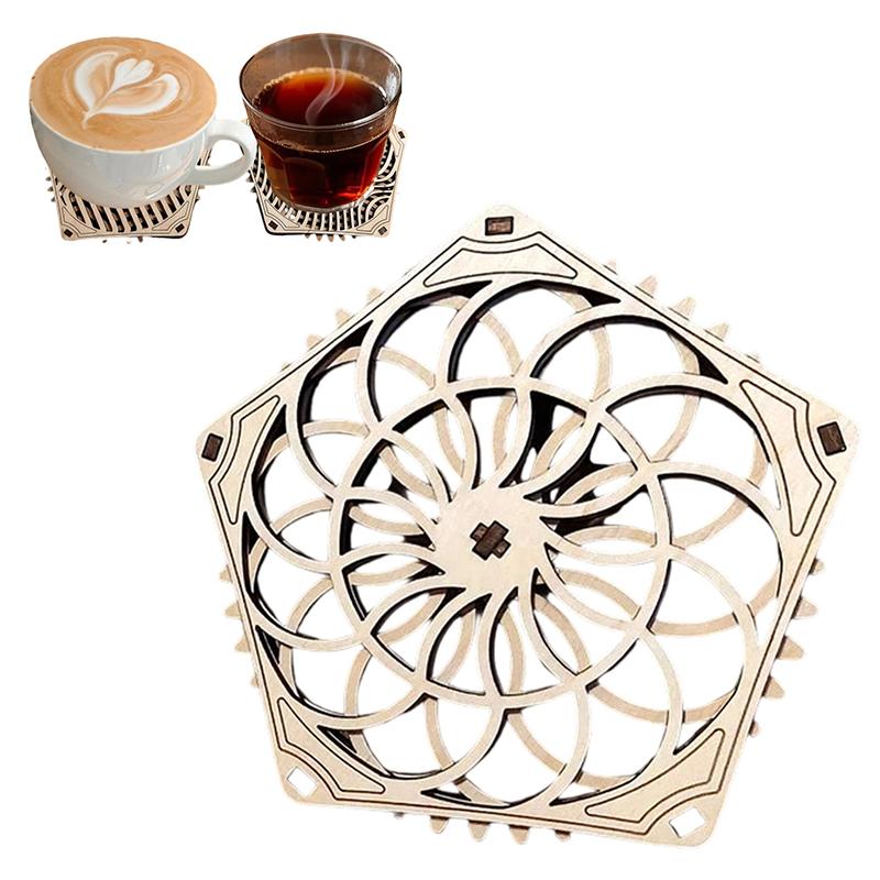Kinetic Coaster Handmade Unique Pentagram Design Swivel Wooden Coasters Subtle Spiral Texture For Home/Office Decor Gifts