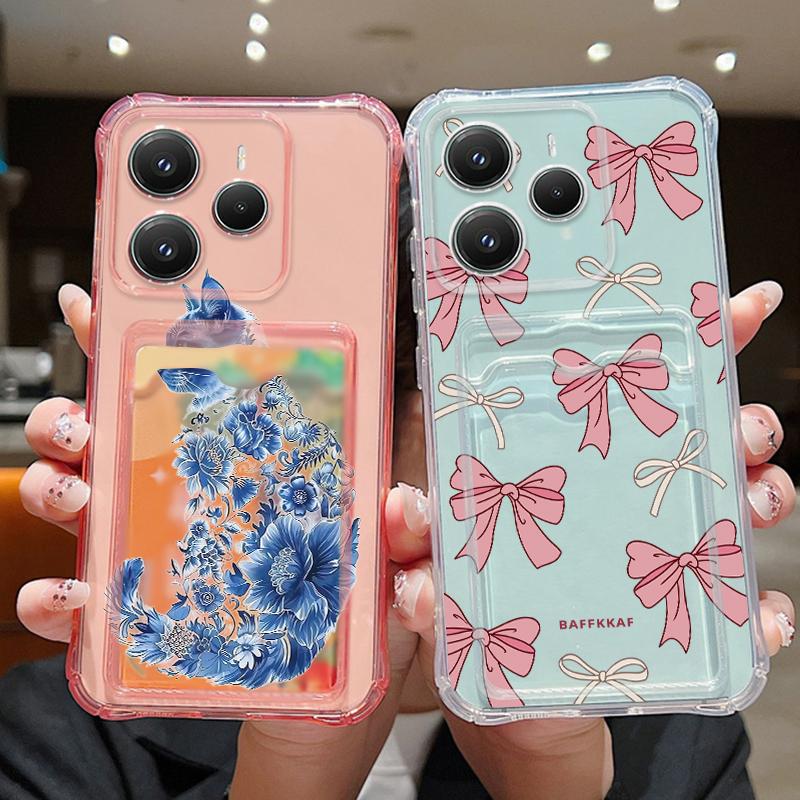 Slot Pocket TPU Case For Redmi Note 13 14 12 11 Pro 5G 4G 11s Poco X6 X5 F6 Pro 13T 14T Pro Case Shockproof Bow Tie Pattern Soft TPU Clear Phone Cover
