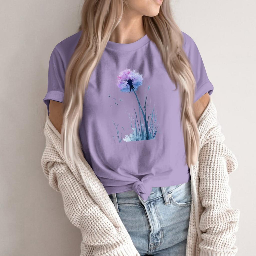 Women's Fashion Casual Printed Round Neck Short Sleeved Pullover T-Shirt Top