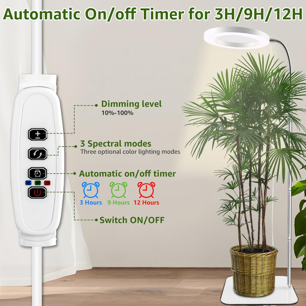 Grow Lights 72LEDs Full Spectrum Vegetation Light 3 Light Modes 10-Level Adjustable Gooseneck Halo Plant Grow Floor Lamp