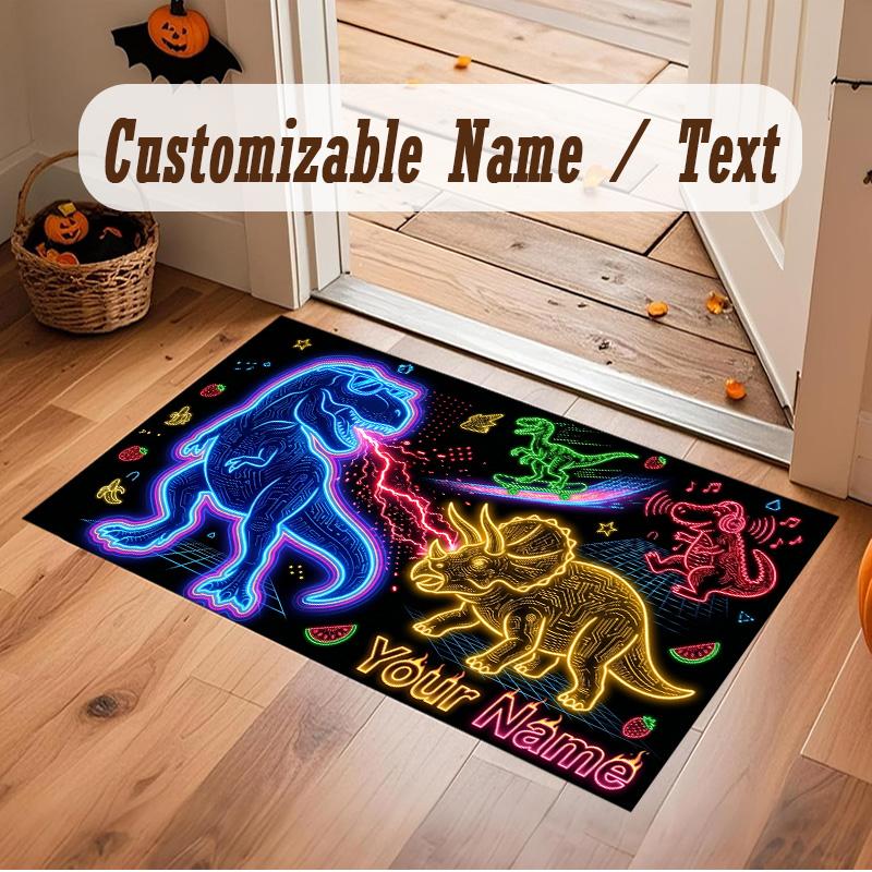 Dinosaur Theme Soft Crystal Velvet Rug Custom Name & Text Print Non Slip Floor Rug for Bedroom Living Room