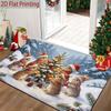 2D Flat Winter Forest Snowscape Christmas Rabbit Theme Door Mat, Entrance Bathroom Universal Velvet Surface Absorbent Quick-Dry Non-Clogging Machine W